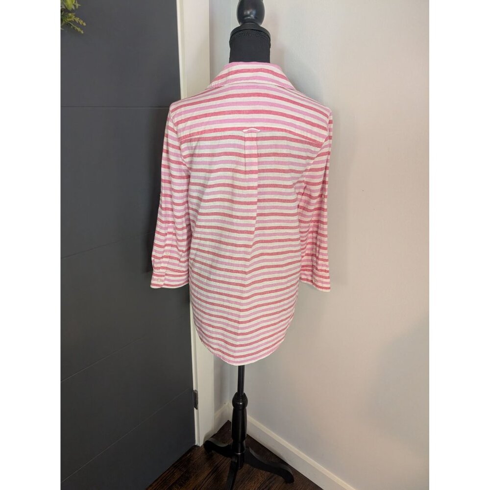 Gap Pink and White Striped Linen Cotton Blend Popover Top w/ Roll Tab Sleeves: S - Picture 3 of 11